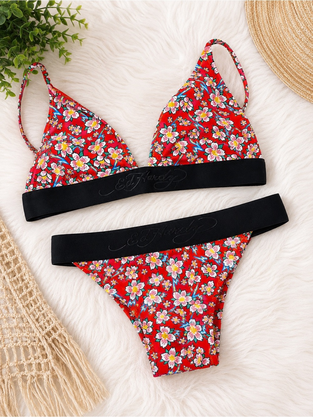 NWOT Ed Hardy Cherry Blossom Bikini Set S Y2K Red Black